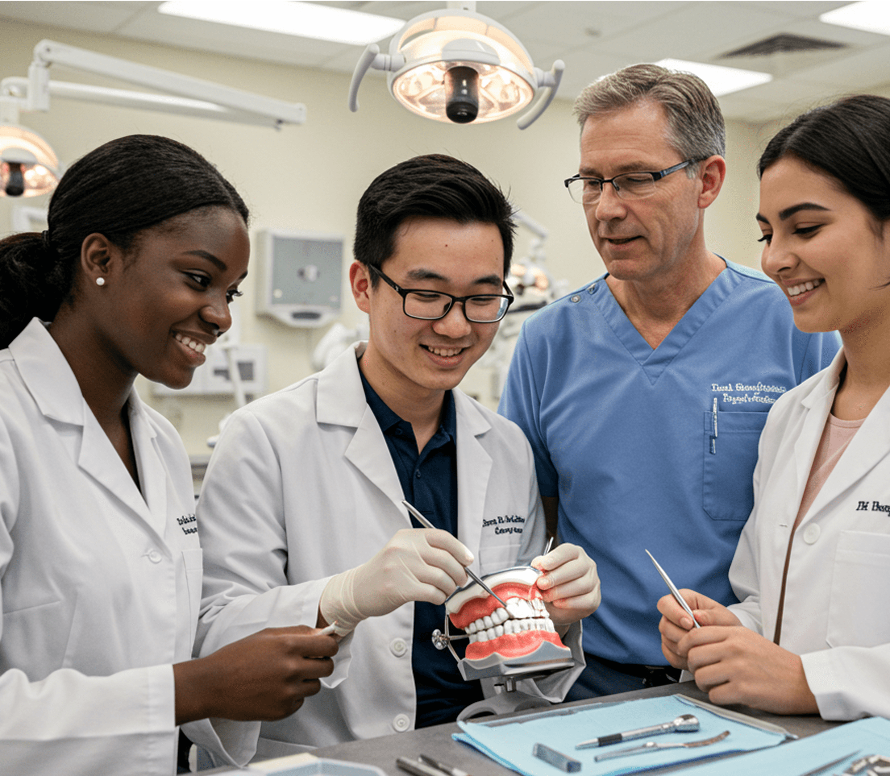 Dental students and professionals working together
